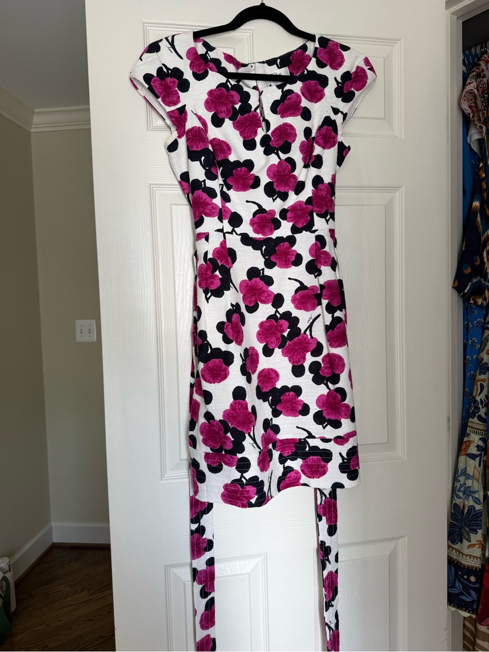Milly White Dress with Fuchsia Floral and Black Accents